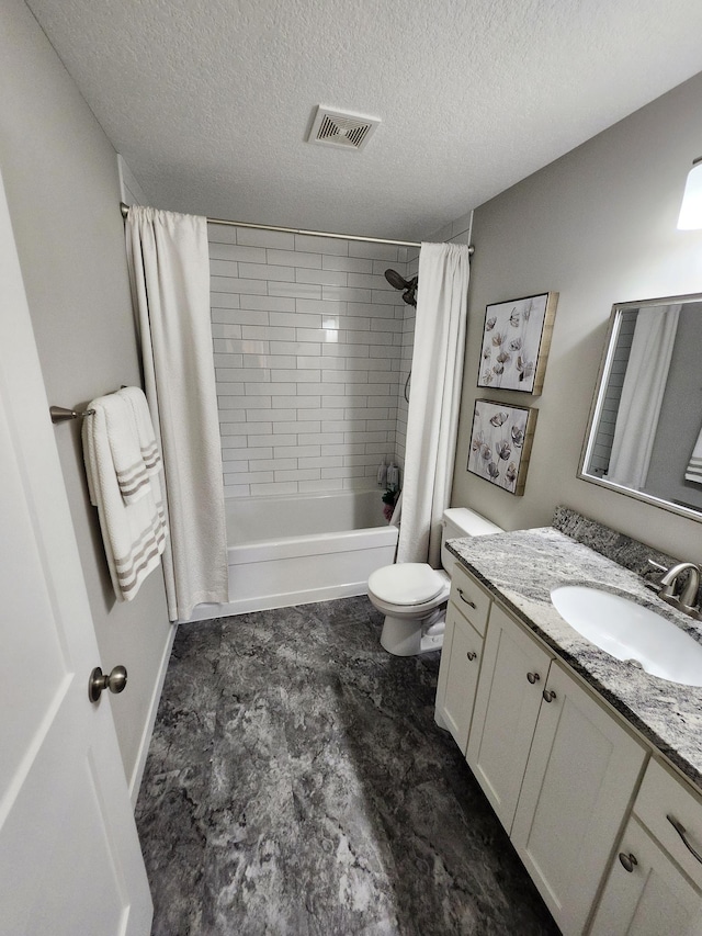 full bathroom featuring visible vents, a textured ceiling, shower / bathtub combination with curtain, and vanity