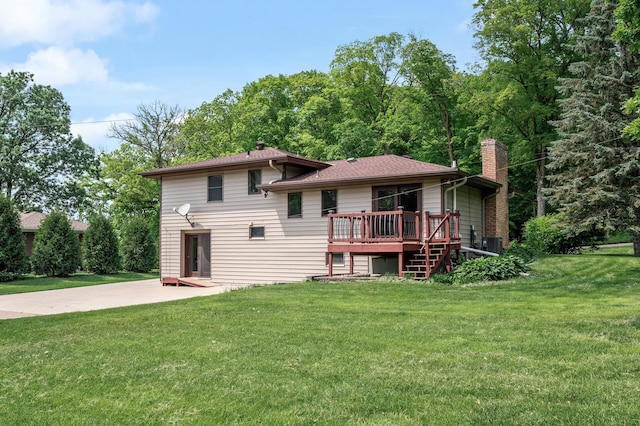 2235 Chestnut Rd, Medina, MN 55340 - rear view of house with a chimney, a wooden deck, a yard, cooling unit, and stairway