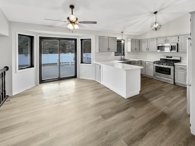 7426 Chesham Ln, Woodbury, MN 55125 - kitchen with gray cabinets, a peninsula, appliances with stainless steel finishes, and light countertops