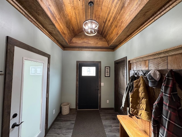 504 Lakin Ave NW, Kelliher, MN 56650 - mudroom with vaulted ceiling, dark wood finished floors, wooden ceiling, an inviting chandelier, and a tray ceiling