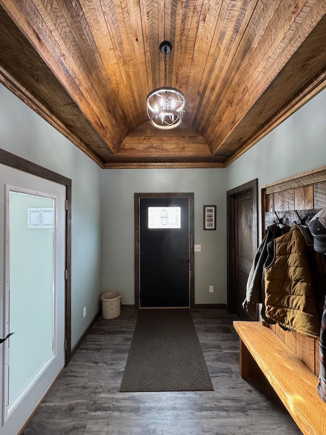 504 Lakin Ave NW, Kelliher, MN 56650 - foyer featuring crown molding, an inviting chandelier, wood ceiling, and lofted ceiling