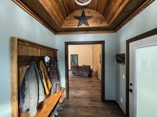 504 Lakin Ave NW, Kelliher, MN 56650 - mudroom featuring vaulted ceiling, wooden ceiling, a tray ceiling, and wood finished floors