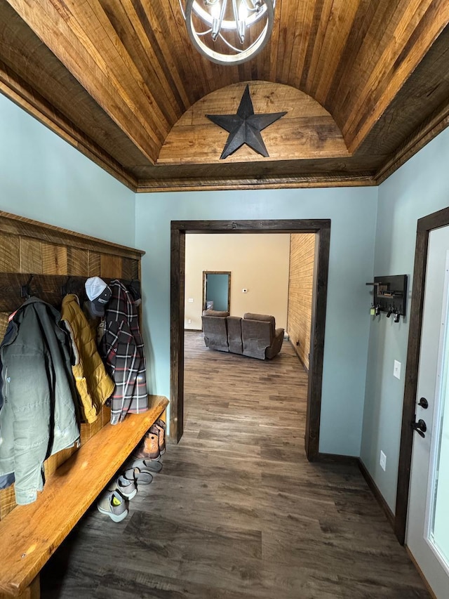 504 Lakin Ave NW, Kelliher, MN 56650 - mudroom with wood ceiling, crown molding, wood finished floors, a notable chandelier, and lofted ceiling