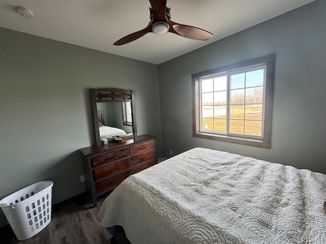 504 Lakin Ave NW, Kelliher, MN 56650 - bedroom with baseboards, a ceiling fan, wood finished floors, and multiple windows