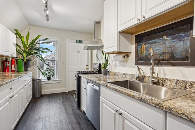 kitchen featuring exhaust hood, dark wood finished floors, white cabinets, a sink, and stainless steel appliances