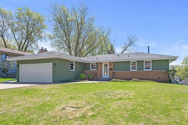 ranch-style house featuring an attached garage, board and batten siding, a chimney, a front lawn, and concrete driveway