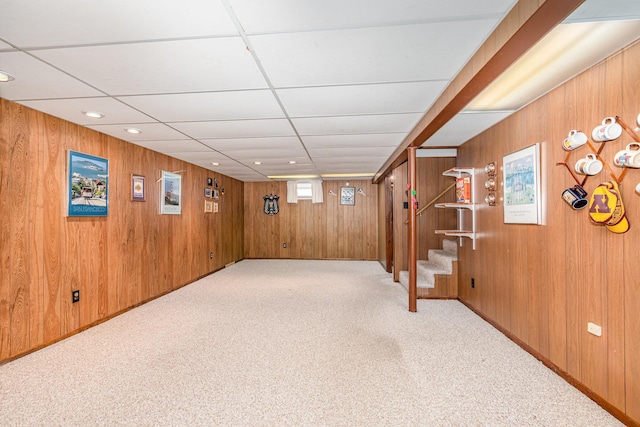 4926 Madison St NE, Columbia Heights, MN 55421 - below grade area with stairway, wooden walls, light carpet, and recessed lighting