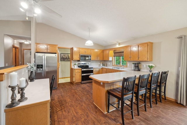17471 165th St SE, Big Lake, MN 55309 - kitchen with stainless steel appliances, lofted ceiling, a peninsula, a sink, and light countertops
