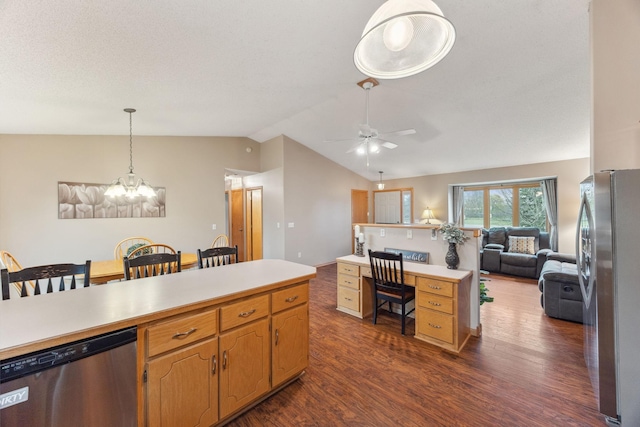 17471 165th St SE, Big Lake, MN 55309 - kitchen featuring appliances with stainless steel finishes, open floor plan, light countertops, and lofted ceiling