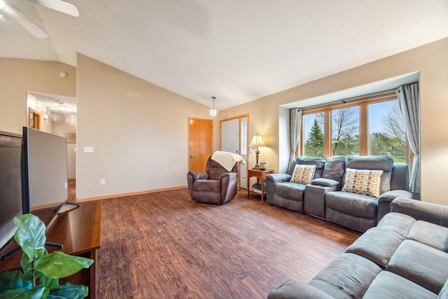 17471 165th St SE, Big Lake, MN 55309 - living room featuring lofted ceiling, wood finished floors, ceiling fan, and baseboards