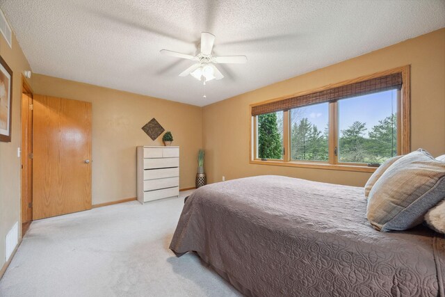 17471 165th St SE, Big Lake, MN 55309 - bedroom with light carpet, ceiling fan, a textured ceiling, and baseboards