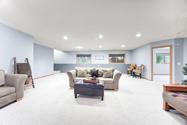 17471 165th St SE, Big Lake, MN 55309 - living room with light carpet, recessed lighting, baseboards, and healthy amount of natural light