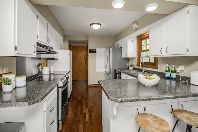 kitchen featuring stainless steel appliances, a sink, under cabinet range hood, dark countertops, and a peninsula