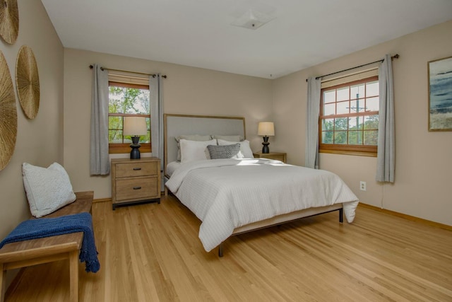 bedroom featuring light wood-type flooring and baseboards