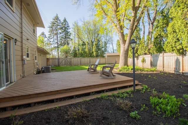 deck featuring a fenced backyard and central air condition unit