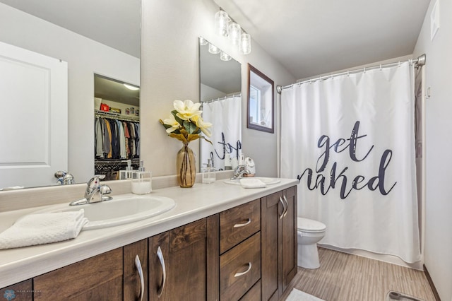 full bathroom with a shower with shower curtain, vanity, and toilet