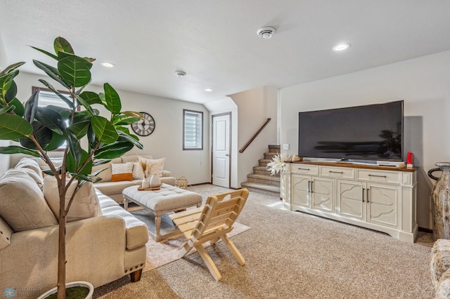 living area featuring light colored carpet, baseboards, recessed lighting, and stairway