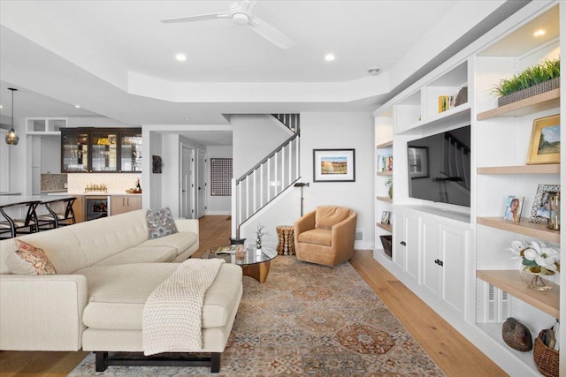 2041 Oak St, Lake City, MN 55041 - living area with recessed lighting, stairway, wine cooler, light wood-style floors, and ceiling fan