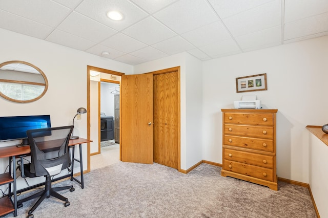 home office with baseboards, recessed lighting, carpet, and a paneled ceiling