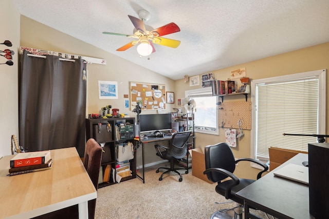 629 Oak St SE, Minneapolis, MN 55414 - office area with a textured ceiling, carpet flooring, a ceiling fan, and vaulted ceiling