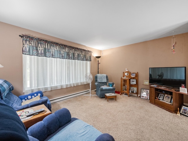 living room featuring a baseboard radiator and carpet floors
