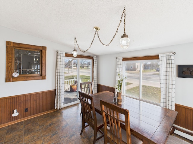 dining room featuring a textured ceiling, wooden walls, wainscoting, and stone finish flooring