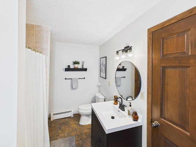 bathroom featuring vanity, a baseboard heating unit, a shower with curtain, toilet, and stone finish floor