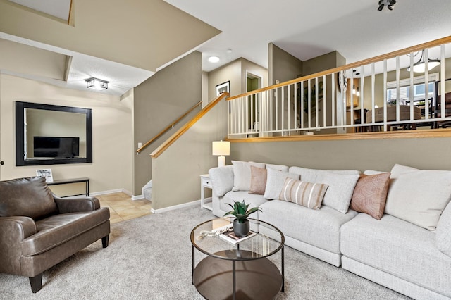 6491 Regency Ln, Eden Prairie, MN 55344 - carpeted living area featuring stairway, tile patterned floors, and recessed lighting