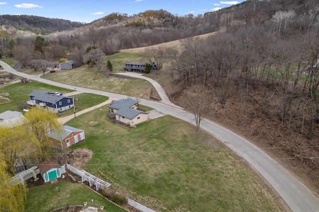 drone / aerial view featuring a mountain view