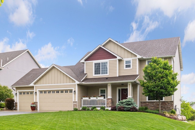 3209 Symphony Ct, Chaska, MN 55318 - craftsman house with board and batten siding, a porch, a garage, a shingled roof, and a front yard