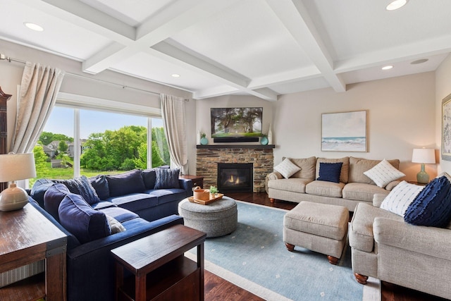 3209 Symphony Ct, Chaska, MN 55318 - living area featuring dark wood-style flooring, coffered ceiling, beamed ceiling, recessed lighting, and a fireplace