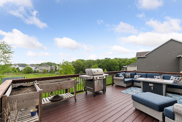 3209 Symphony Ct, Chaska, MN 55318 - wooden terrace featuring a grill and an outdoor living space with a fire pit