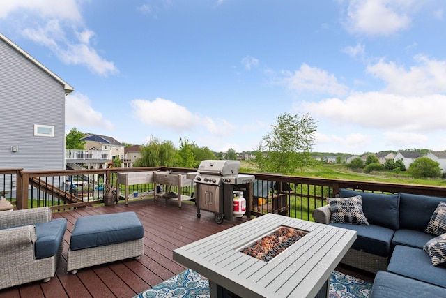 3209 Symphony Ct, Chaska, MN 55318 - wooden deck with an outdoor living space with a fire pit, a residential view, and a grill