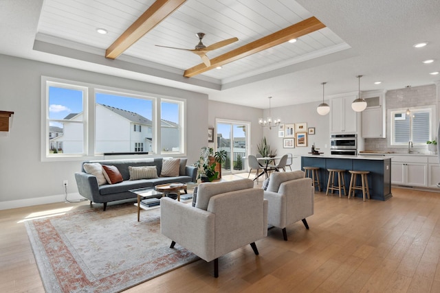 living room featuring recessed lighting, wood ceiling, beamed ceiling, ceiling fan with notable chandelier, and light wood-type flooring