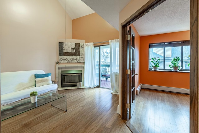 living area featuring a baseboard radiator, plenty of natural light, a fireplace, and wood finished floors