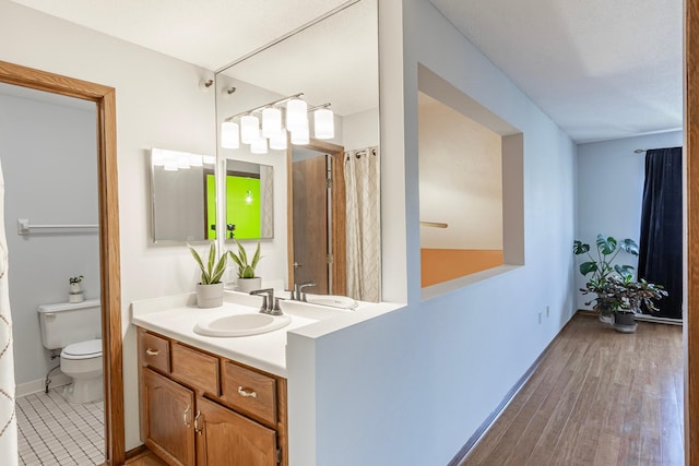 bathroom featuring toilet, vanity, and wood finished floors