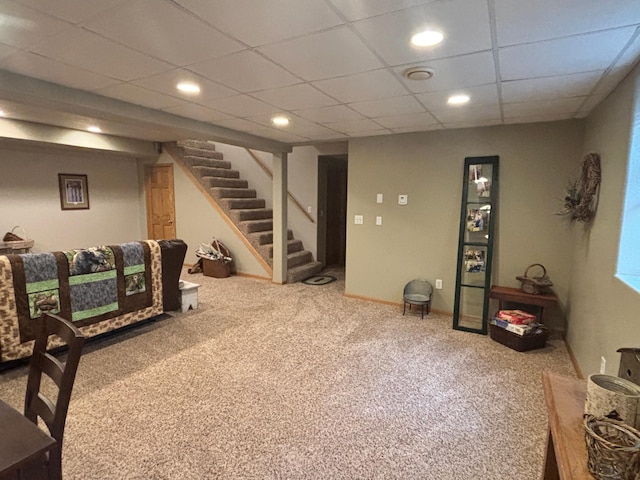 154 Pond Dr, Jackson, MN 56143 - interior space with recessed lighting, stairs, carpet flooring, and a paneled ceiling