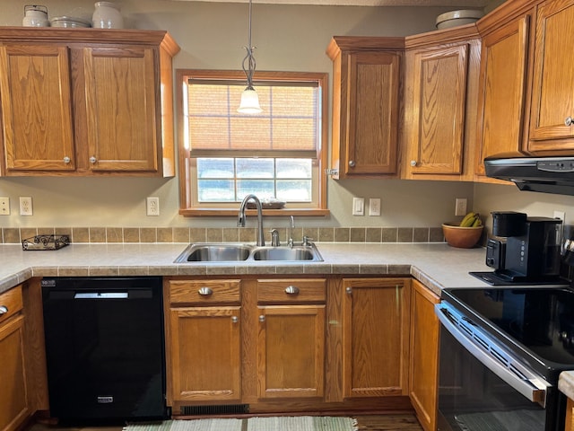 154 Pond Dr, Jackson, MN 56143 - kitchen with exhaust hood, dishwasher, light countertops, a sink, and brown cabinets