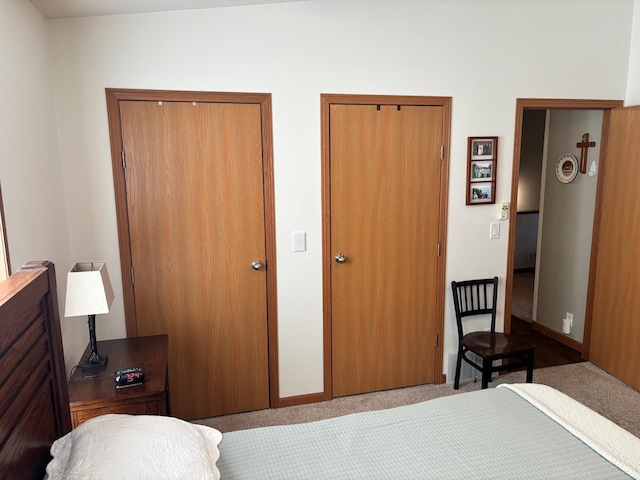 154 Pond Dr, Jackson, MN 56143 - bedroom featuring two closets, carpet flooring, and baseboards