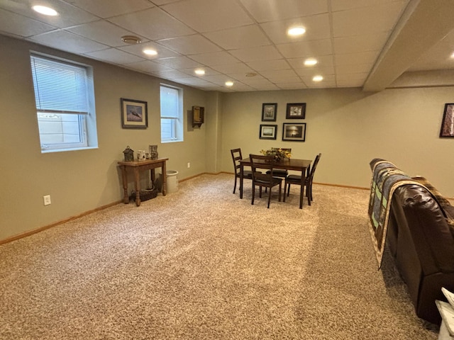 154 Pond Dr, Jackson, MN 56143 - dining room featuring carpet flooring, baseboards, a drop ceiling, and recessed lighting