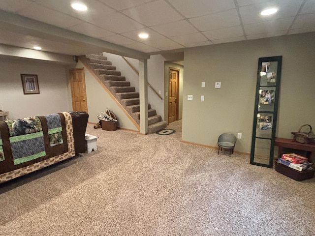 154 Pond Dr, Jackson, MN 56143 - finished below grade area featuring carpet flooring, baseboards, recessed lighting, and stairway