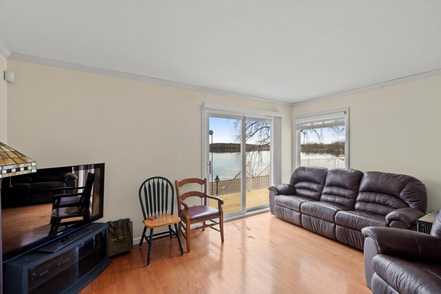 living room featuring baseboards, crown molding, wood finished floors, and a water view