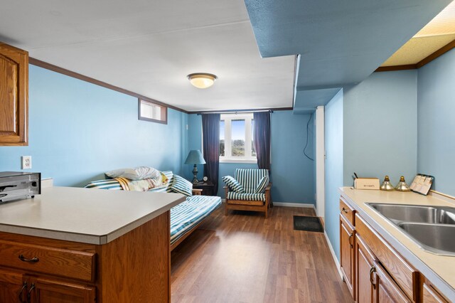 bedroom featuring dark wood finished floors, baseboards, ornamental molding, and a sink