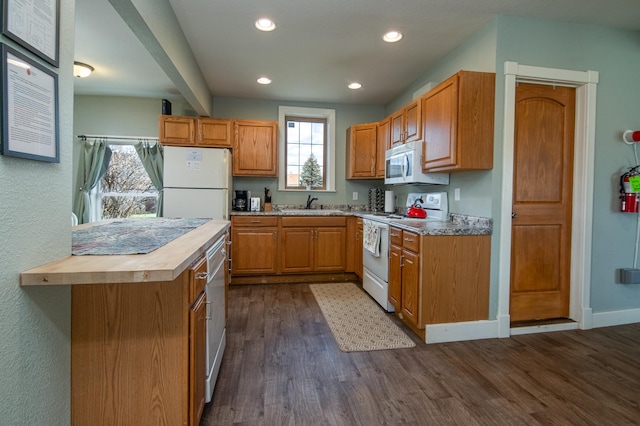 311 Prairie St, Lake City, MN 55041 - kitchen featuring white appliances, a sink, dark wood-style floors, and a healthy amount of sunlight