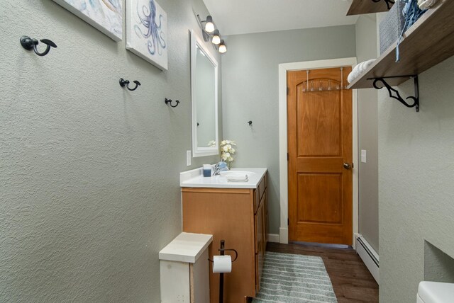 311 Prairie St, Lake City, MN 55041 - bathroom with a textured wall, wood finished floors, vanity, and a baseboard radiator