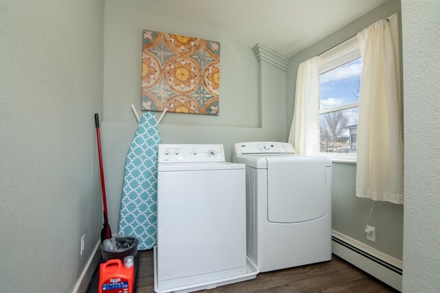 311 Prairie St, Lake City, MN 55041 - laundry room with baseboard heating, independent washer and dryer, laundry area, and dark wood-style flooring