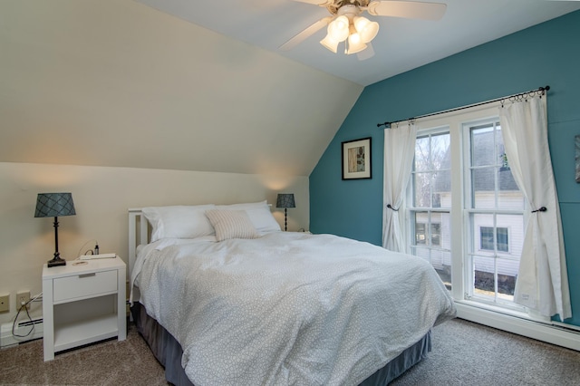 311 Prairie St, Lake City, MN 55041 - bedroom with a baseboard heating unit, vaulted ceiling, carpet, and ceiling fan