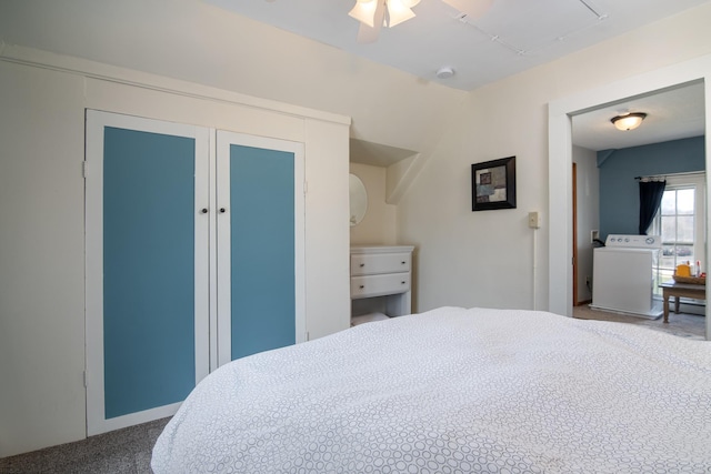 311 Prairie St, Lake City, MN 55041 - bedroom featuring ceiling fan, washer / dryer, carpet flooring, and a closet