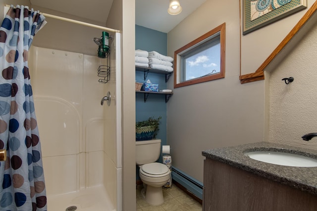 311 Prairie St, Lake City, MN 55041 - full bathroom featuring tile patterned floors, toilet, vanity, a baseboard heating unit, and a stall shower
