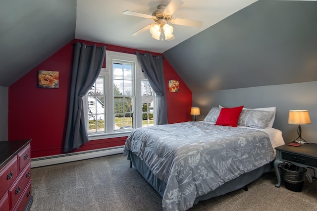 311 Prairie St, Lake City, MN 55041 - carpeted bedroom with a baseboard radiator, lofted ceiling, and ceiling fan